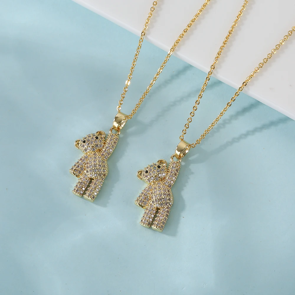 Teddybär Tier voller Diamant 18K vergoldet süße Anhänger Halskette Edelstahl Kette Damen Luxus Braut