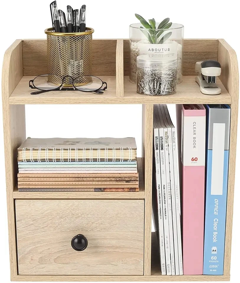 Wood Desk Organizer Desktop Book Shelf Bookcase Storage BookShelves for Tabletop Books Holder Stand