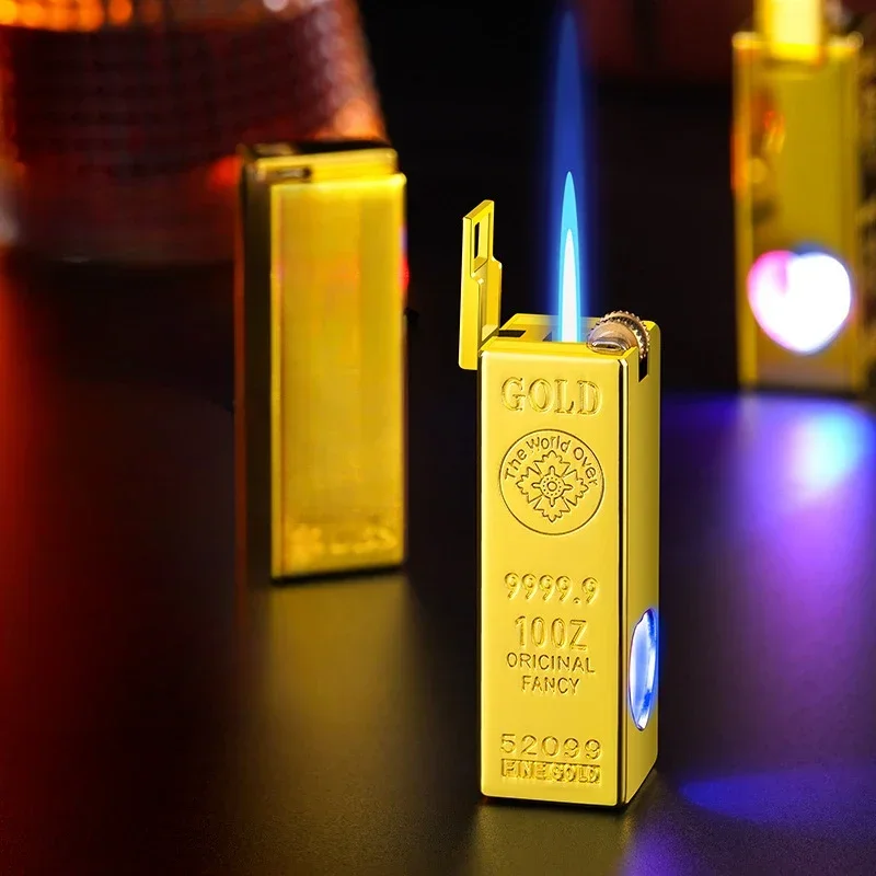 Luxury Metal Gold Bar Lighter Torch Jet Fire Butane Gas Lighter with Flash Light Inflated Cigarette Cigar Lighter Gadget for Man