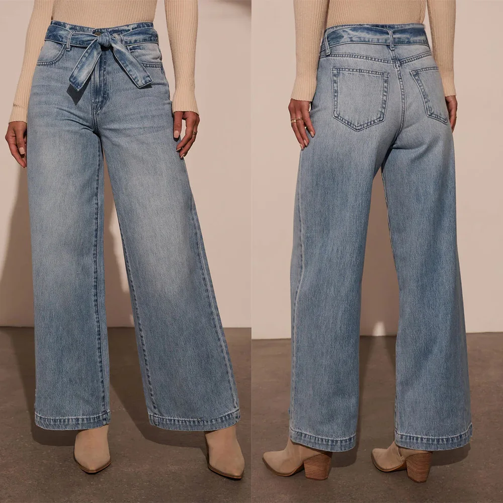 Women High-waisted Sashes Bleached Straight Wide-leg Jeans Denim Pants Fashion Casual Autumn Winter