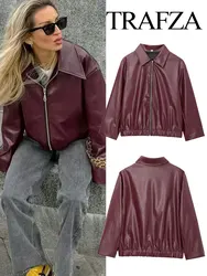 TRAFZA 2024 Women's Autumn Retro Street Leather Jacket Fashion Lapel Zipper Decoration Women's Elegant Casual Loose Jacket Y2K