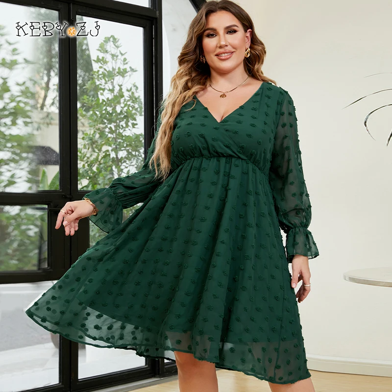 

KEBY ZJ Swiss Dot Sexy V-Neck Green Dress Plus Size Women Elegant Long Sleeve Dresses Spring Autumn Chiffon A-line Midi Dress