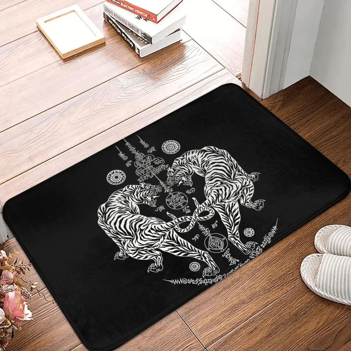 Twin Tiger Sak Yant Tattoo Doormat Rug Carpet Mat Footpad Polyester Non-slip Durable Entrance Kitchen Bedroom Balcony Toilet