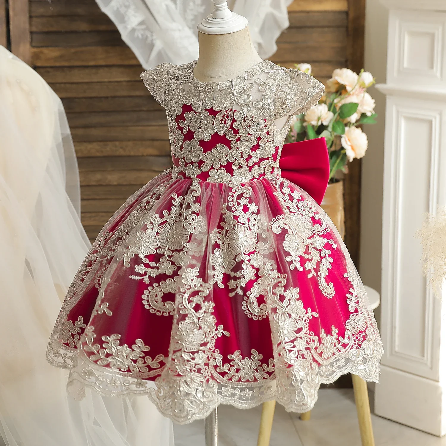 1-5 Years Baby Girls Eids Gown for Red Costumes Toddler Kids Princess Birthday Wedding Prom Formal Dress Children Party Clothing