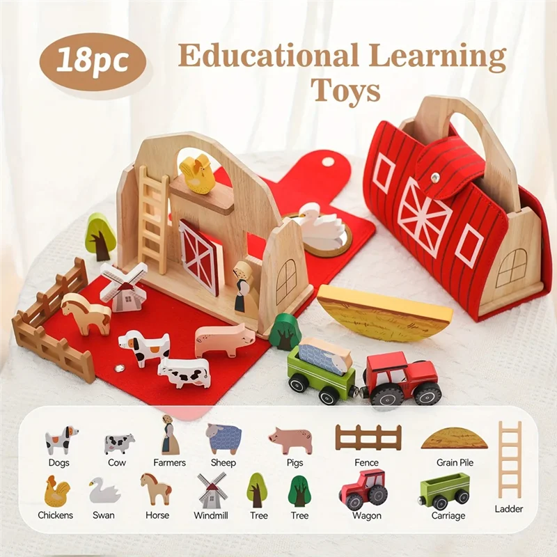 AINY-18Pcs animales de granja granero de madera Montessori apilamiento para niños pequeños granero rojo granja juego de simulación regalo de cumpleaños