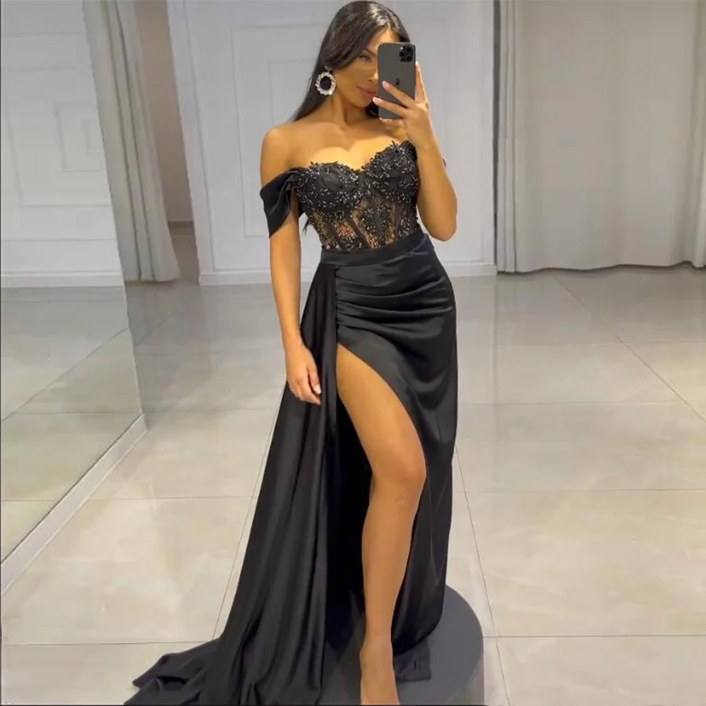 Black Satin Evening Dress for Women Off the Shoulder Mermaid  Gown Long Beading Applique Lace Illusion Party Dresses 2023