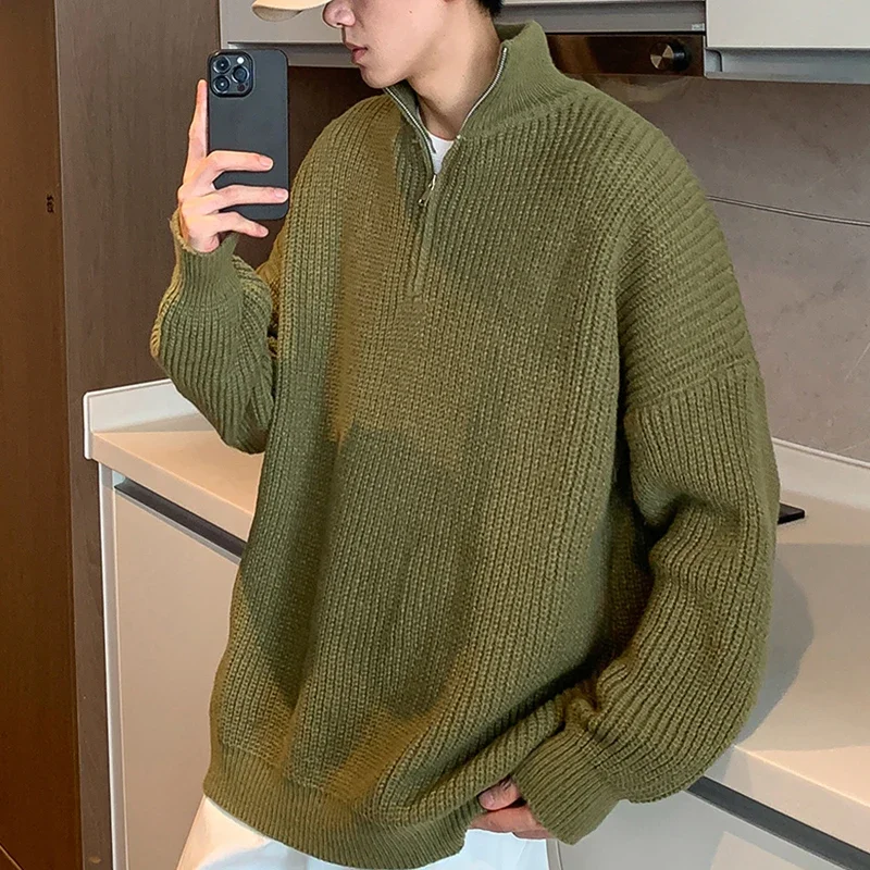 

Новинка 2025 года, свитер на молнии, мужские зимние пуловеры, мужские минималистичные свободные мужские вязаные свитера, модные повседневные социальные мужские свитера