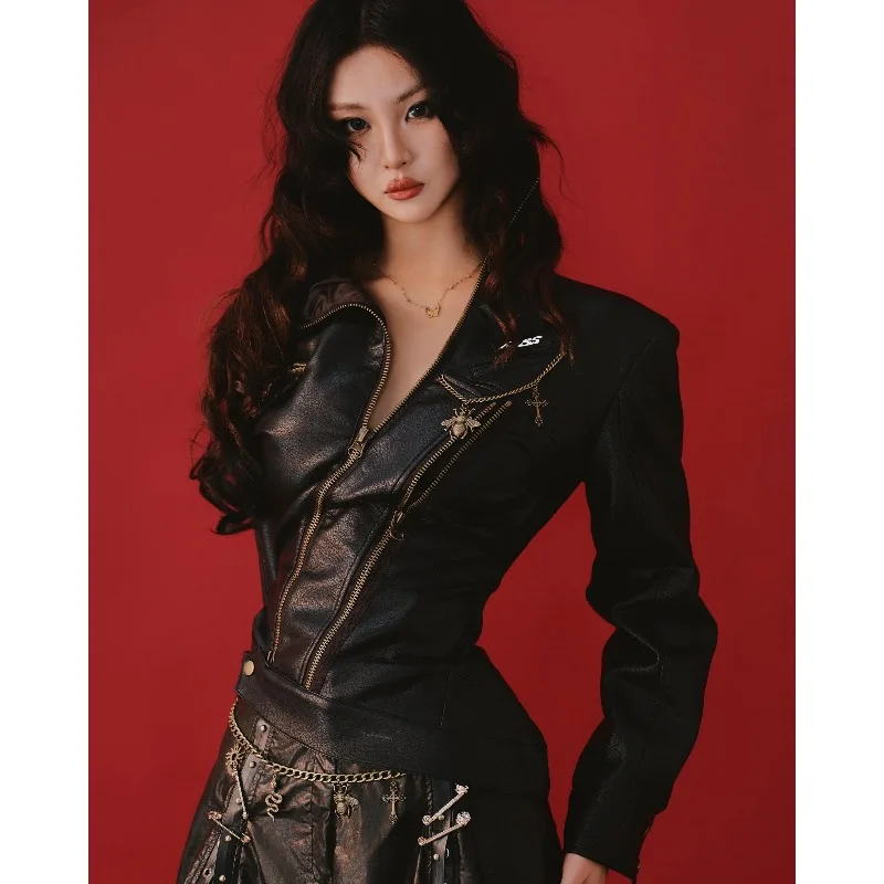DoLife Store Gothic Punk Faux‑Leather Biker Jacket Asymmetric Diagonal Zipper Wide‑Shoulder Slim Retro Metal Decor Outerwear
