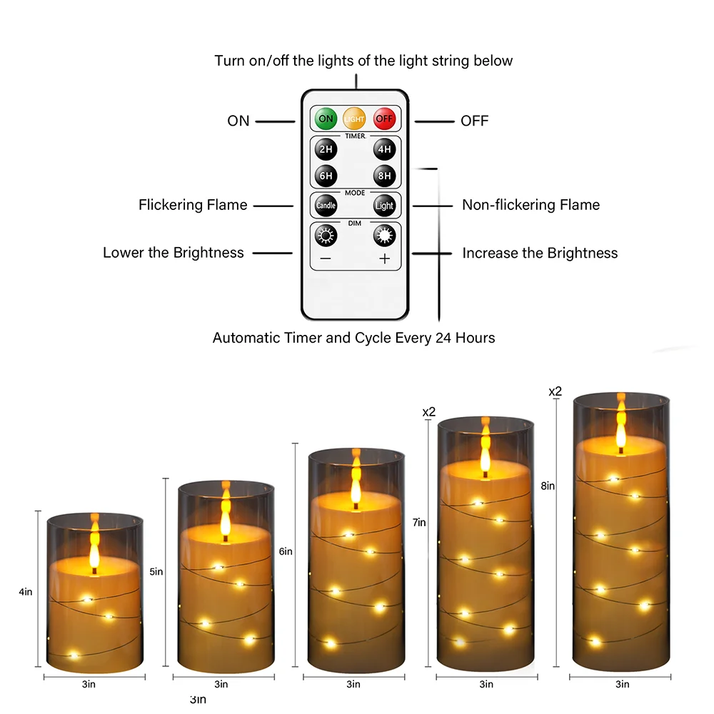 Ambiente romántico gris para decoración del hogar, carcasa acrílica empotrada, cable de estrella, temporizador, 7 velas led parpadeantes sin llama con batería