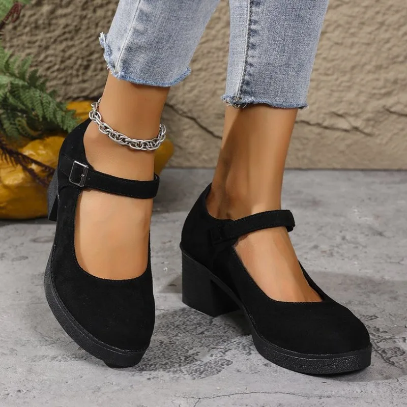 Fashionable Large Size Spring Autumn Surface Single Shoes with Buckle Thick Heel Women's Comfortable Casual Shoes