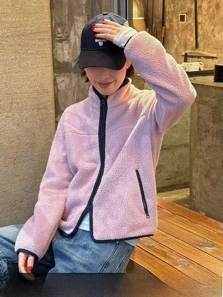 

Bebes Home Pink Fce Lined Zipper Cardigan Outdoor Women's Jaet Spring Inner Fluffy Polyester Fiber Stand Fit Casual S...