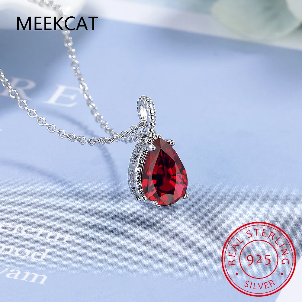 2.2ct Pear Natural Garnet 925 Sterling Silver Pendant Necklace for Women Fashion Gemstone Jewelry Choker 45CM Chain