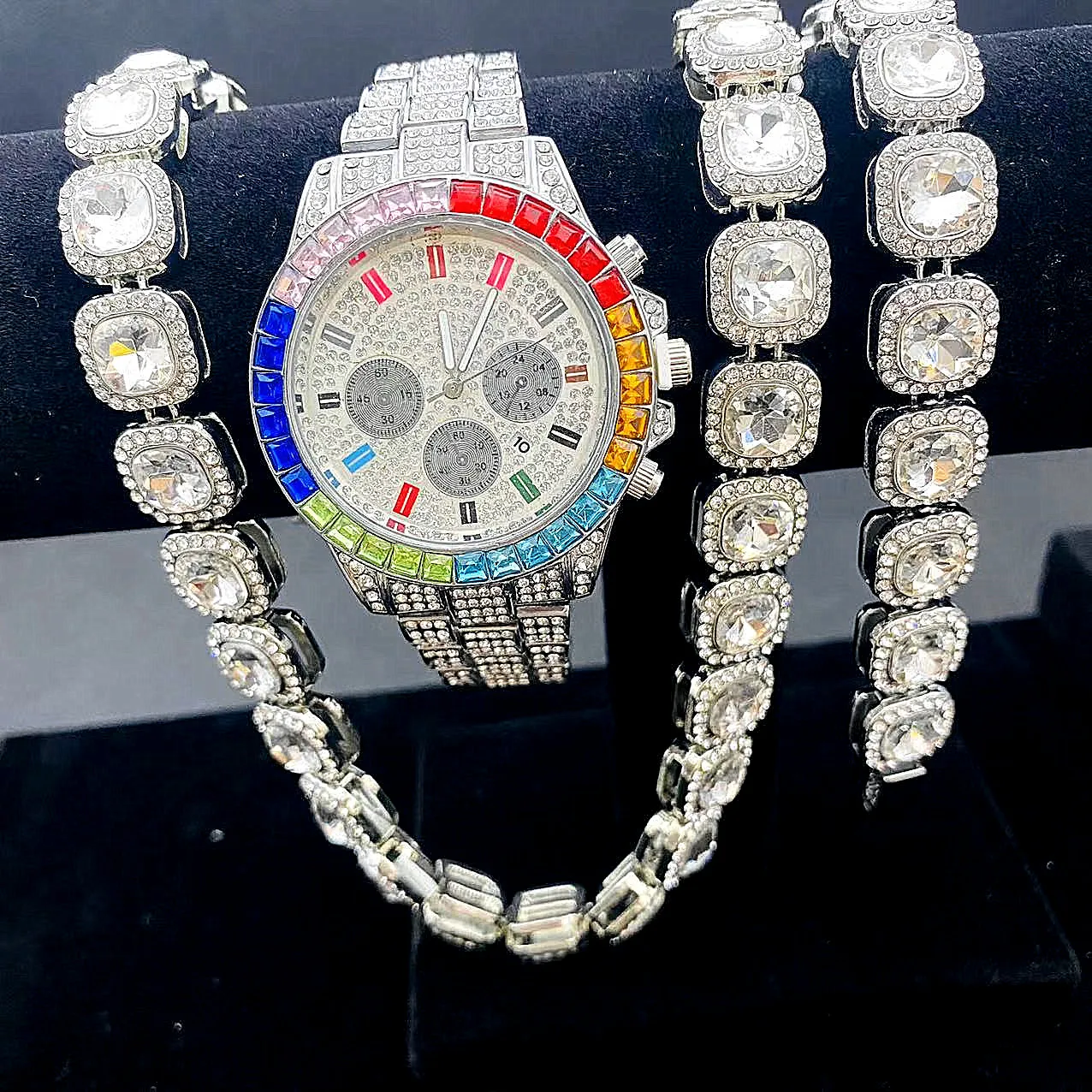 3PCS Iced Out Watch Bracelet Necklaces for Men Women Couple Colour Gold Watch Cubana Chain CZ Bling Jewelry Set for Men Watches