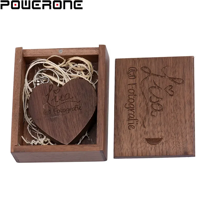 POWERONE (1PCS Free Custom LOGO) USB Flash Drives 64GB Wooden Heart + Box Pendrives 32GB Wedding Gifts USB 2.0 Memory Stick 16GB