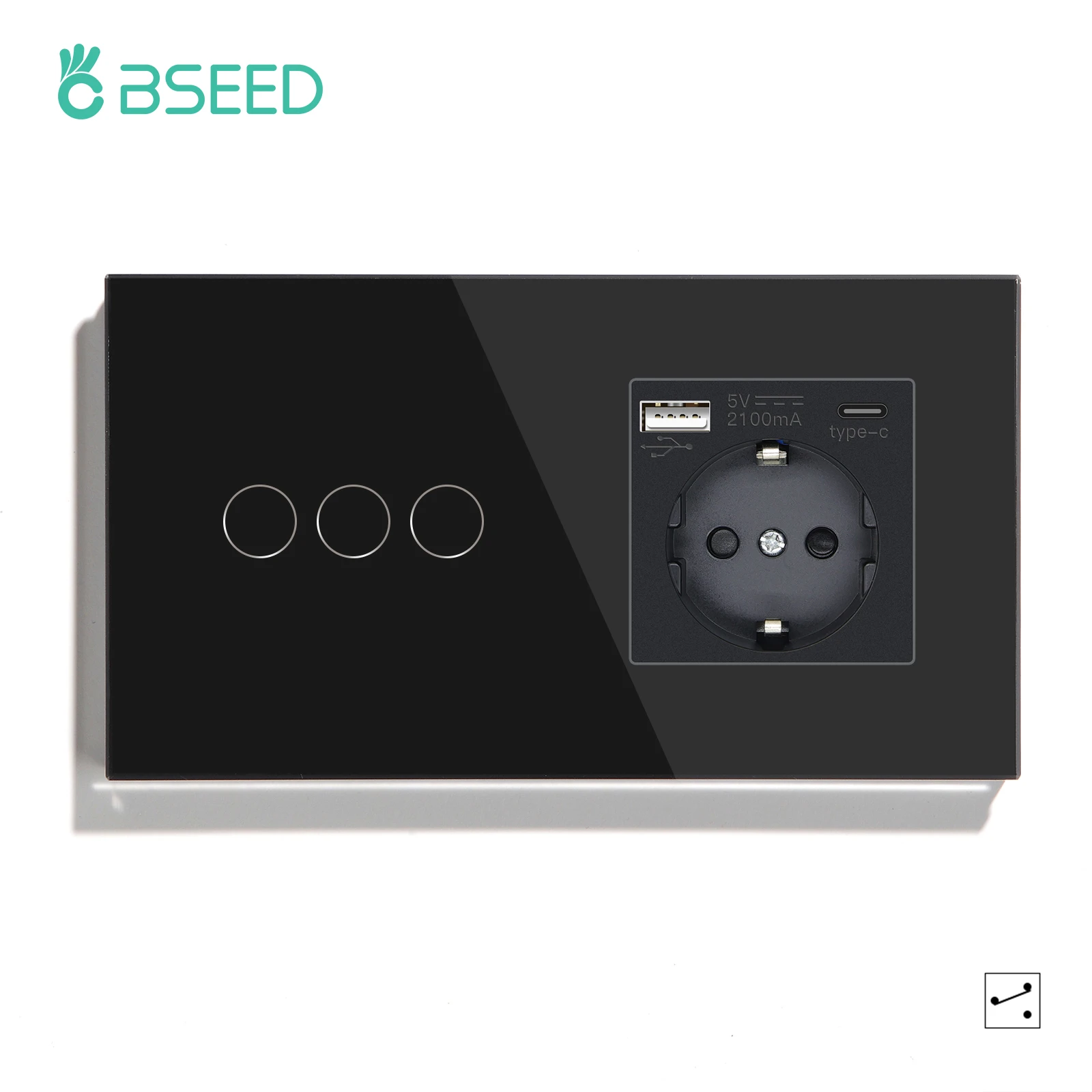 BSEED EU-Standard 1/2/3 Gang 2-Wege-Wand-Touch-Schalter Lichtsensor-Schalter Steckdose USB Typ-C Kristallglasscheibe 240 V Schwarz