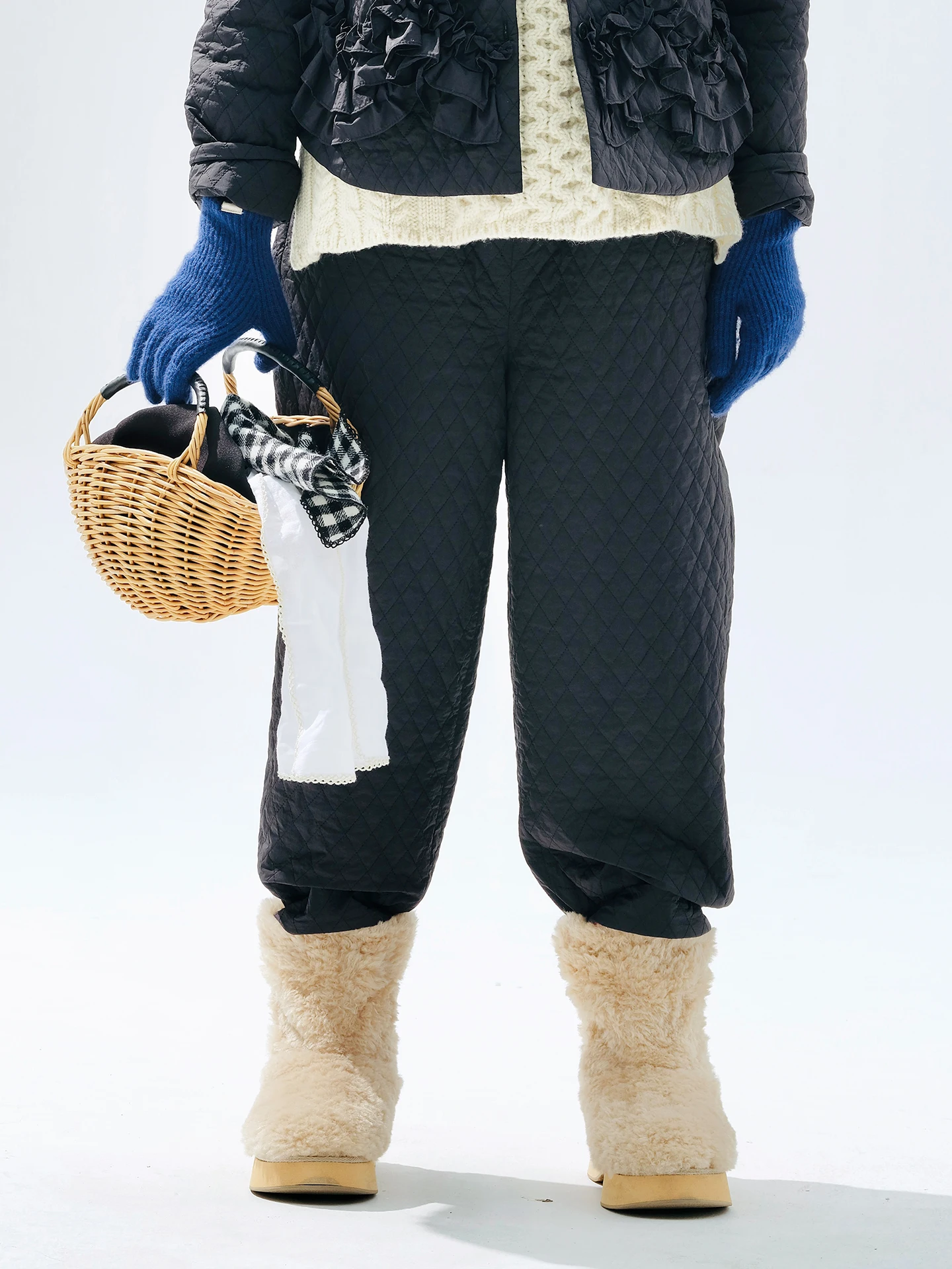 بنطال قطني شبكي مبطن، بنطلون أسود دافئ فضفاض، تخفيف يوميًا، مريح ومجاني 255300 #1