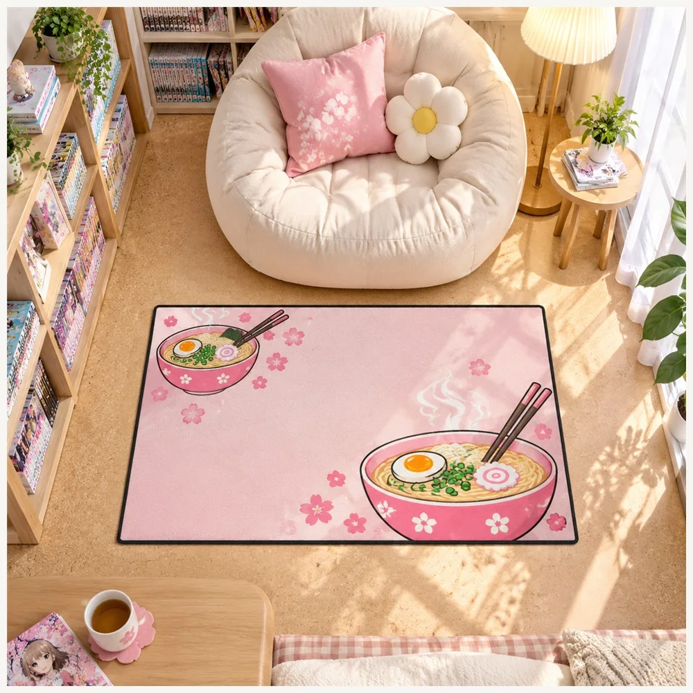 VIKAMA Anime Ramen Door Mat, Non Slip Foldable Flannel Rug, Cute Anime Floor Mat for Playroom, Balcony, Entryway