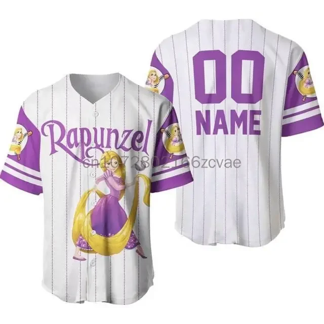 New  Men's Women's Kids Short Sleeve Button Baseball Shirt Casual Sports Shirt Disney Princess Rapunzel Baseball Jersey y2k