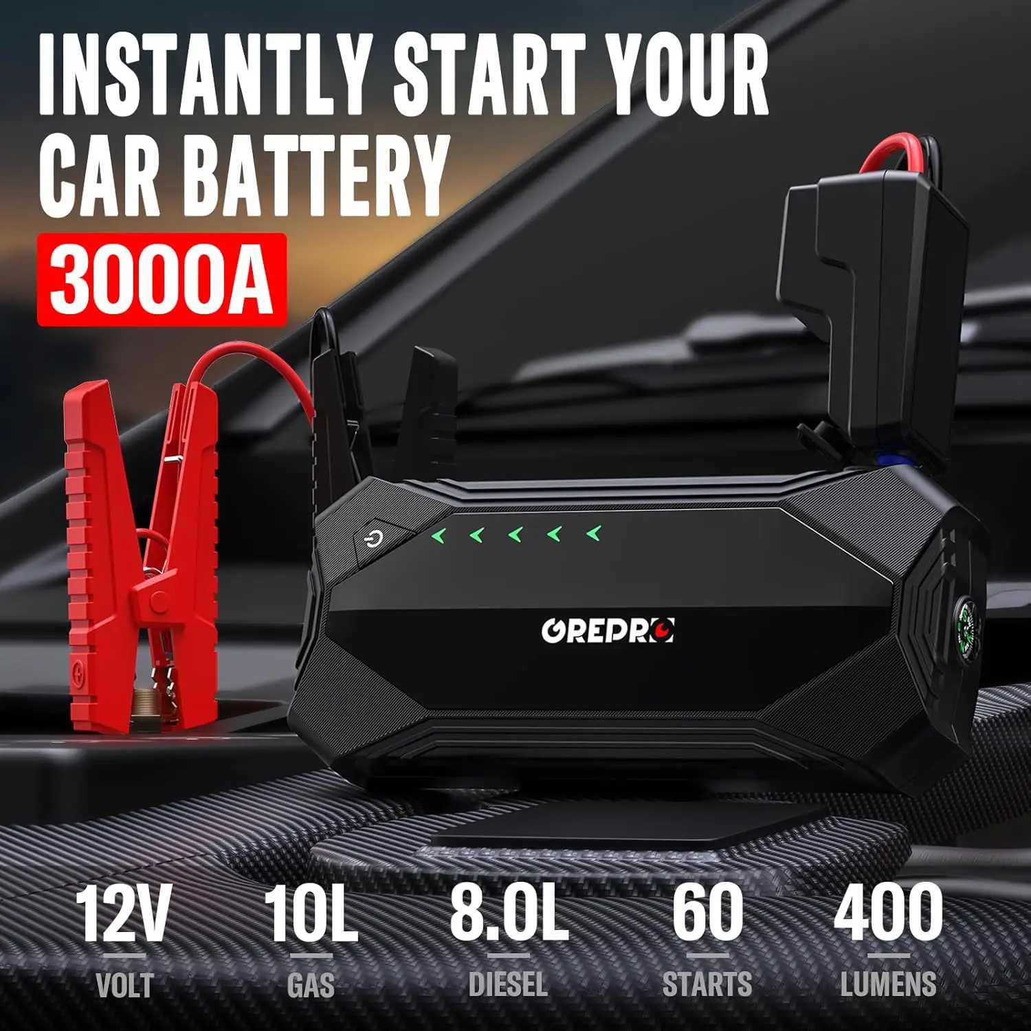 محرك Jump Starter للسيارة 12 فولت 3000 أمبير، محرك 10 لتر/8.0 لتر، مع ضوء LED وكابلات توصيل
