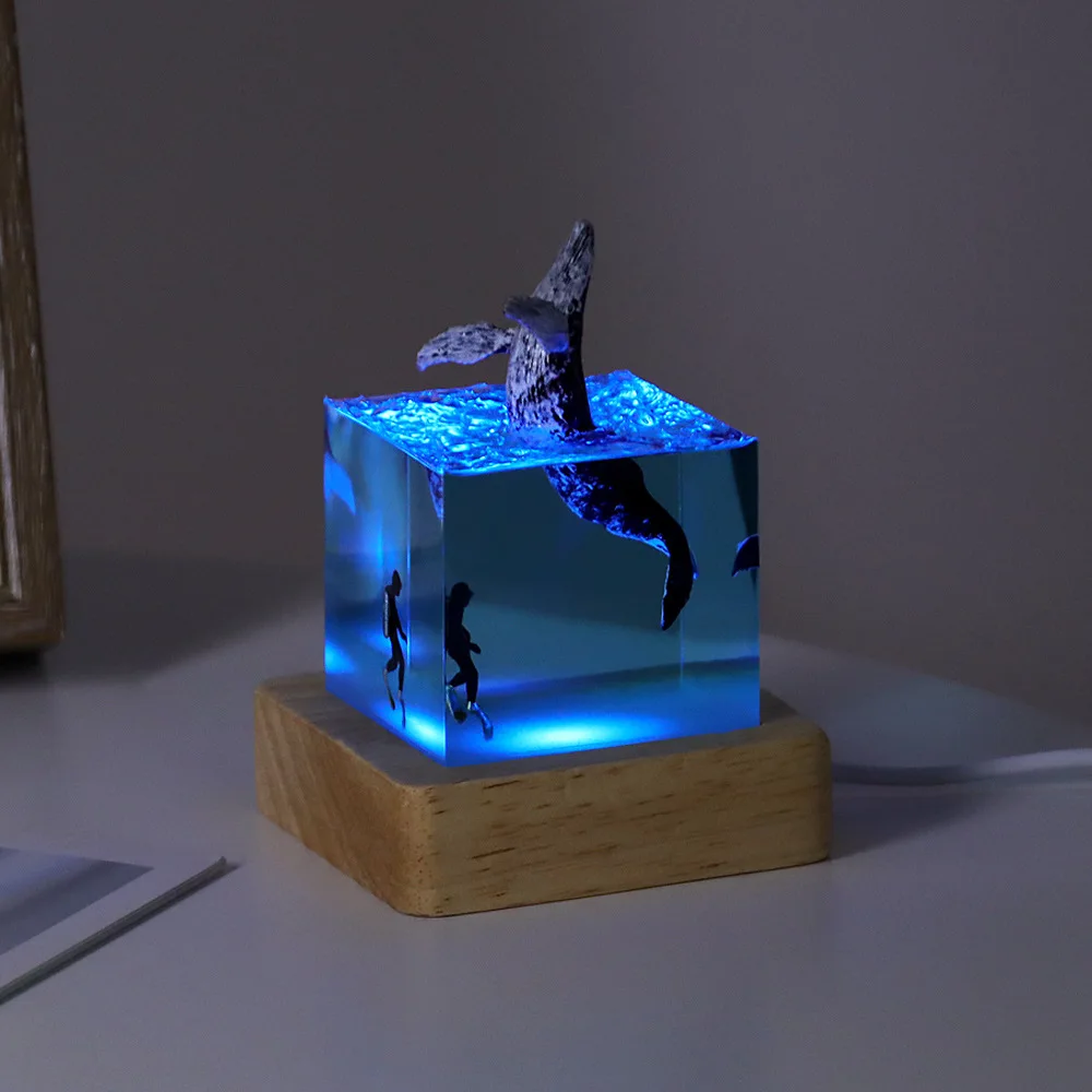 Cubo de resina para decoración de mesa, lámpara de arte creactivo, ballena, Delfín, tiburón, tema de luz nocturna, carga USB, 7 colores, 5cm