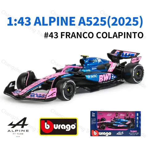 Bburago 1:43 BWT Alpine 2025A525 # 10 # 43 F1 Racing Formula Car Statische simulatie gegoten modelauto van gegoten legering