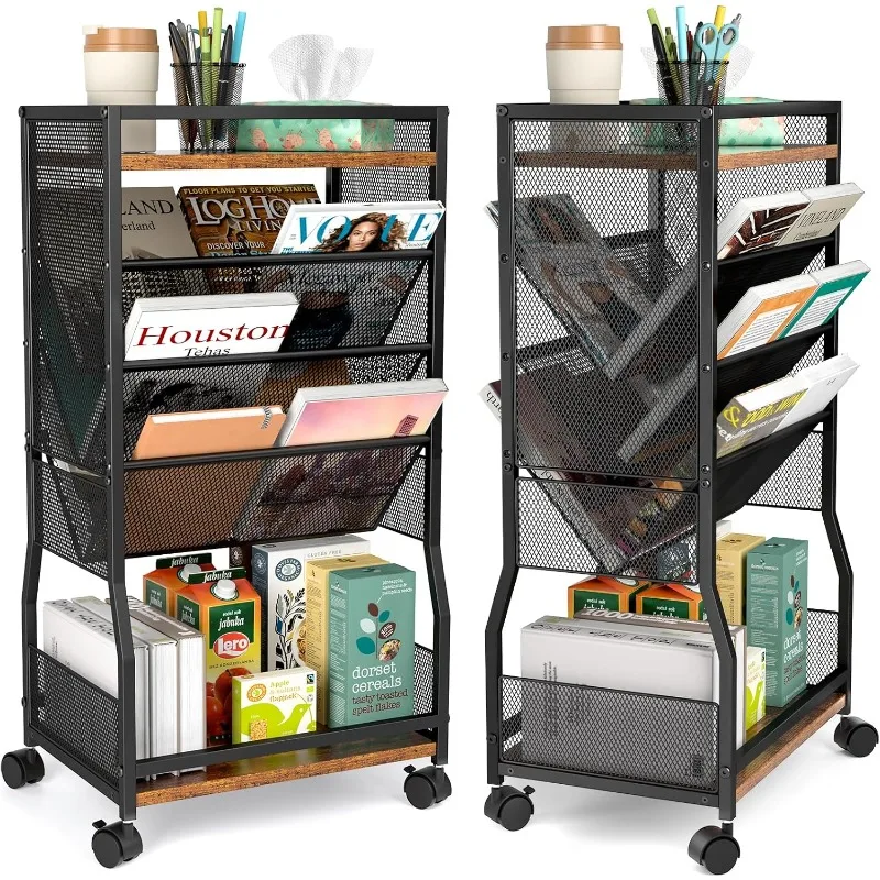 8 Tier Rolling Book Cart with Wheels, Mobile Book Storage Cart with 2 Sides Access Bookcase for Narrow Space