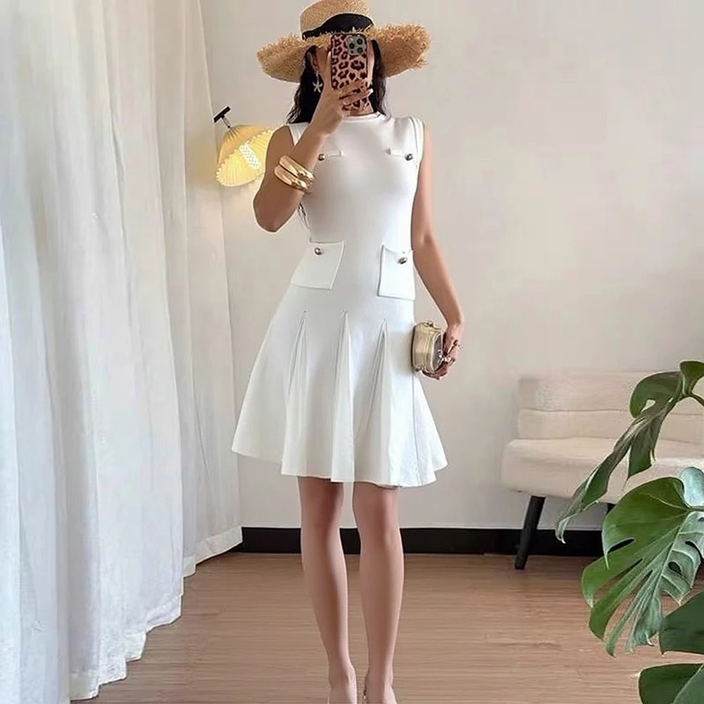 YuooMuoo Chic Mode Elegante Gefaltete Kurze Kleid 2026 Sommer Frauen Oansatz Ärmel Schlanke Taille Weiß Party Kleid Dame Sommerkleid