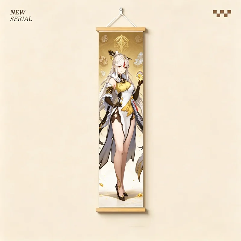 Hanging Scroll Wall Art of Genshin Impact Ningguang with Golden Celestial Glow on Silver Shimmer Canvas for an Anime Bedroom