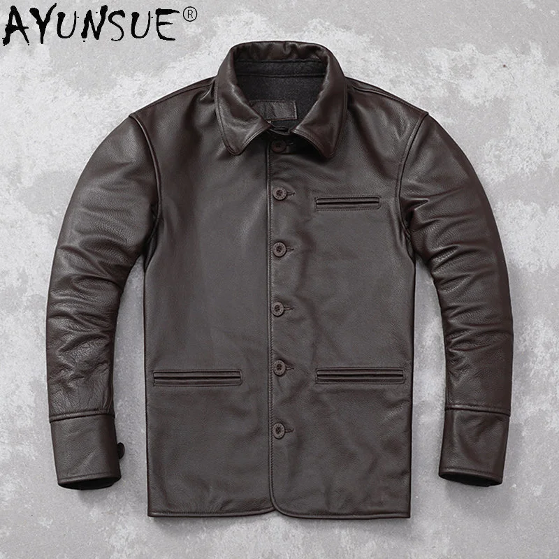 

Genuine Cow Leather Coat Casual Brown Jacket Men Autumn Clothes Real Cowhide Jackets Jaqueta Masculina