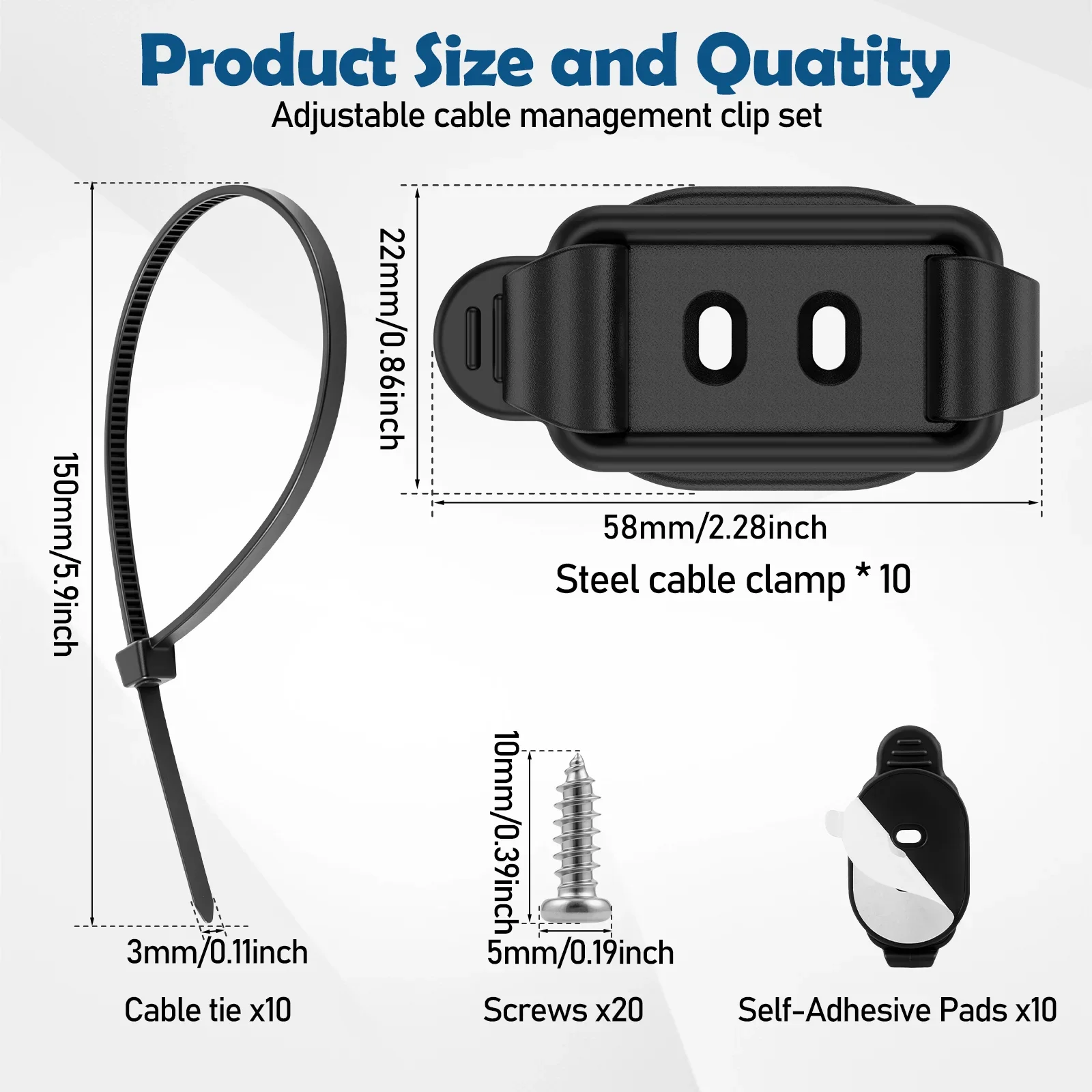 10Pcs Adjustable Cable Clips with Silicone Strap Reusable Cord Organizer Wire Clamp with Screws Cable Ties for Desk Home Office
