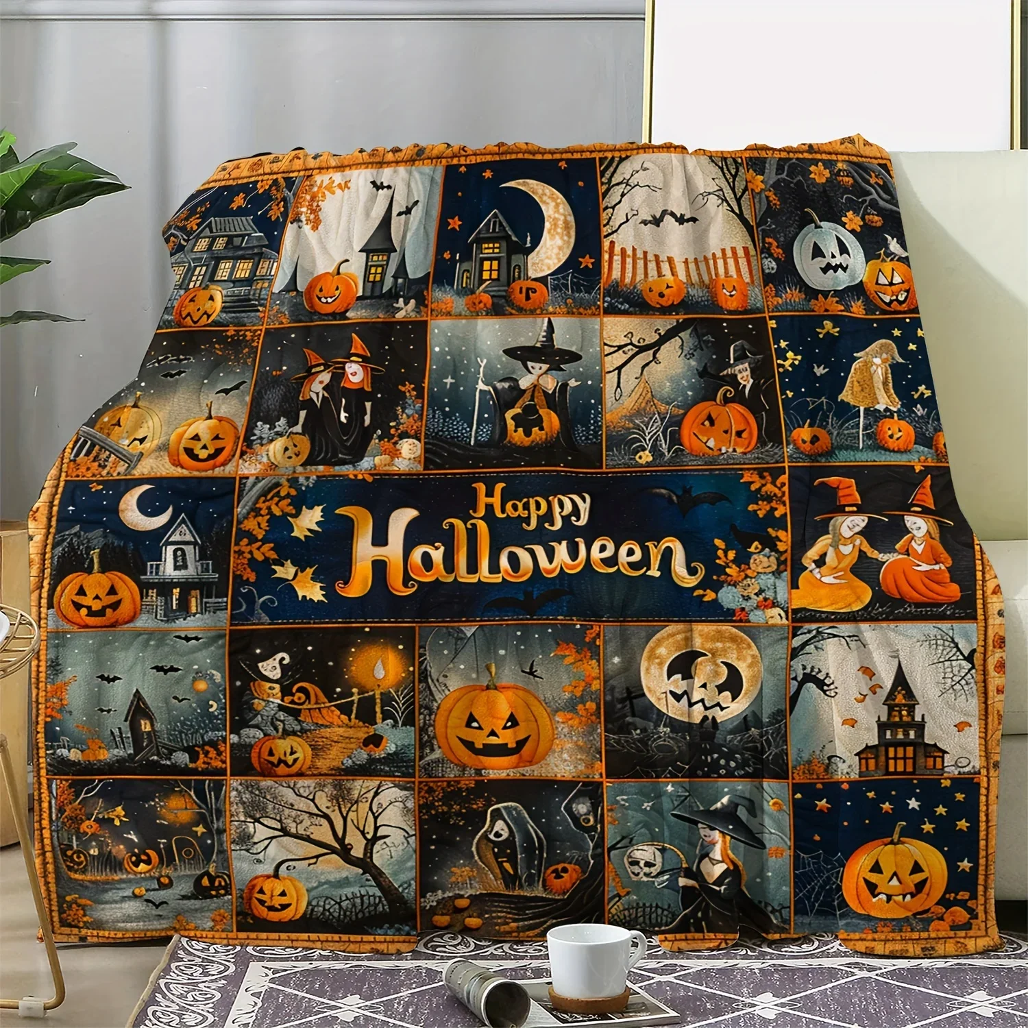 Vintage Halloween Theme Flannel Throw Blanket - Pumpkin Witch Digital Print, All-Season Cozy Soft Knitted Cover