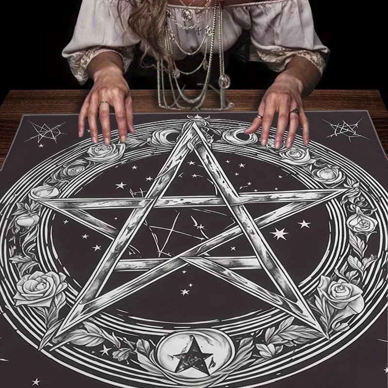 sketching style rose pentagram tarot card altar cloth astrological runes minimalist style divination mat - view 3