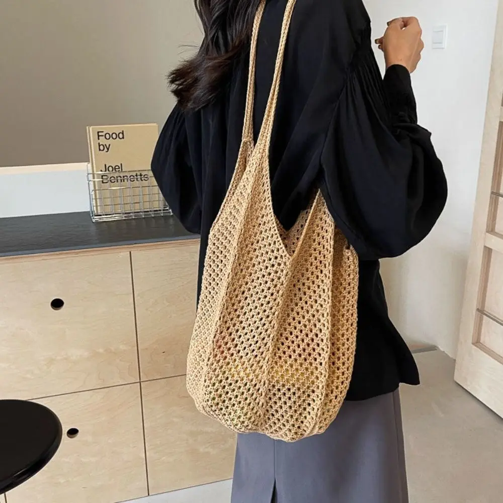 

Solid Color Knitting Shoulder Bag Large Capacity Versatile Bohemian Crochet Tote Bag Hollow Out Casual Woven Handbag Shopping