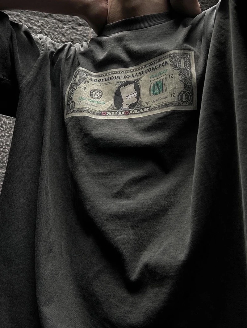 Epide Animated Characters US Dollar Print Washed Vintage Short Sleeved American High Street Casual Loose Top Oversize T-shirt