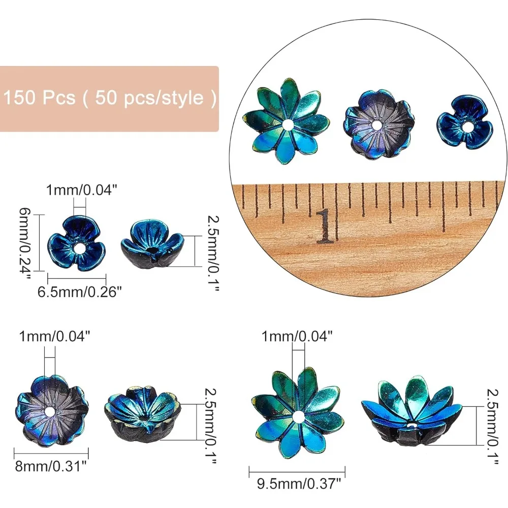 150 Pcs Flower Beads Caps, 3 Styles Resin Flower Bead End Caps Multi-Petal AB Spacer Loose Bead for DIY Craft Necklaces Bracelet