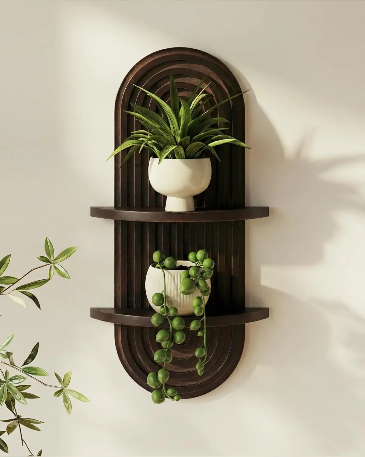 

Boho Wall Decor Plant Wall Shelf Mid Century Modern Decor Hanging Plant Shelf 2-Tier Wooden Floating Shelves for Home B