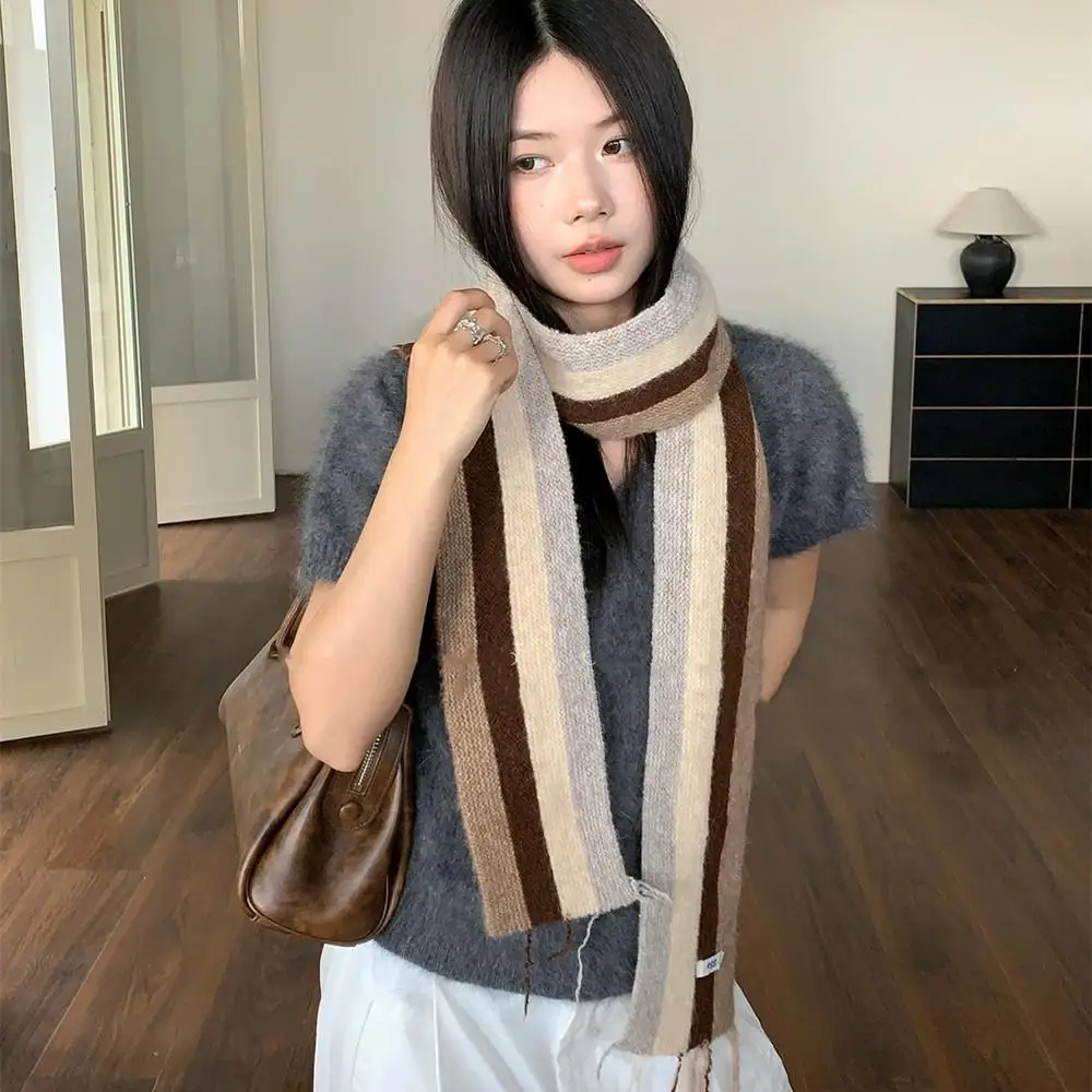 Bufanda larga fina y estrecha de estilo coreano, bufanda de felpa a rayas de lana gruesa y cálida para invierno, bufandas decorativas para niña Y2K, chal y envolturas