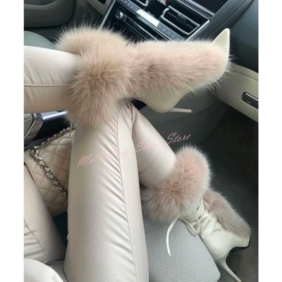 Fur Warm Ankle Boots Pointed Toe Leather Patchwork Lace Up Women Boots New Style Shoes Stiletto Heels Winter Party Designer Shoe