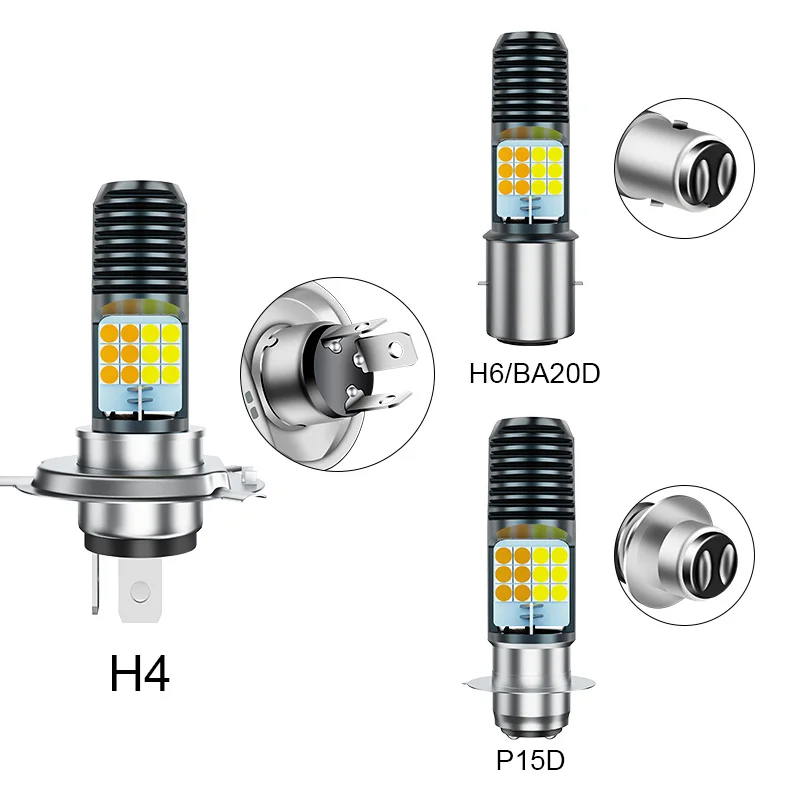1PC H4 H6 LED Motorcycle Headlight Bulb BA20D P15D 24LED 3030 Dual Color White Yellow For Moto Scooter Accessories 12V 80V
