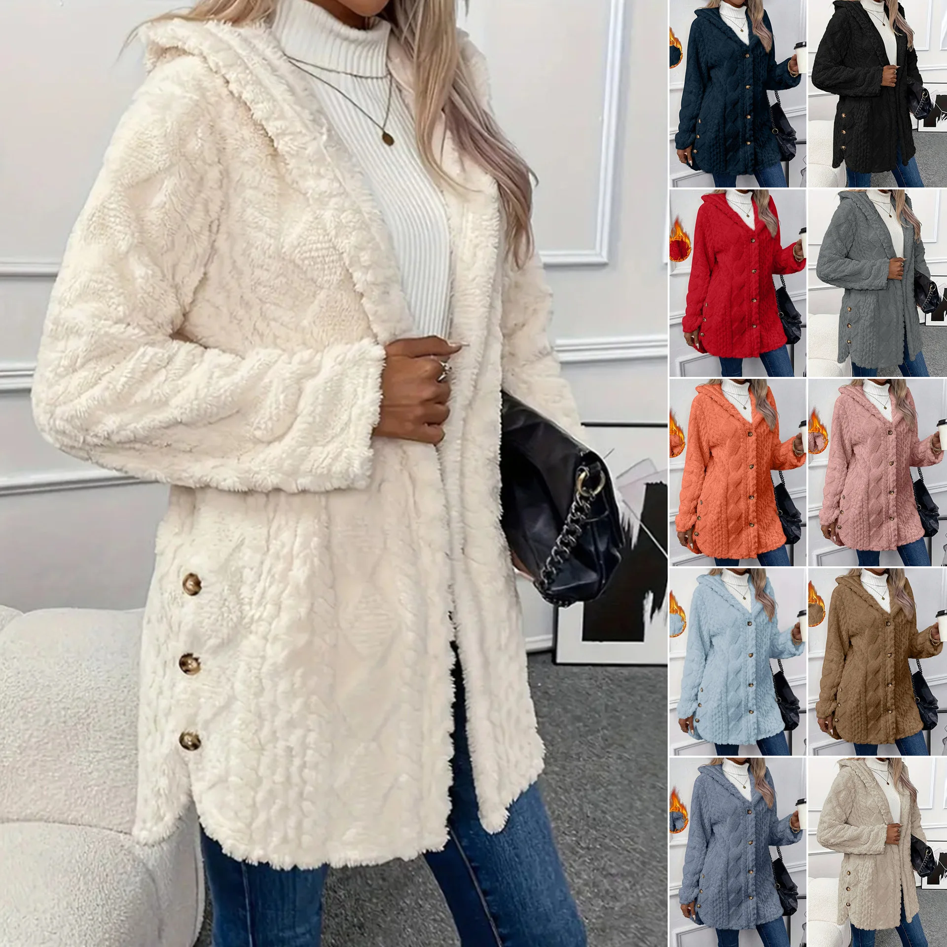 

Women's Thickened Plush Button Hooded Solid Color Long Sleeved Warm Sweaters Fashion Single-breasted Pattern Fleece Cardigan