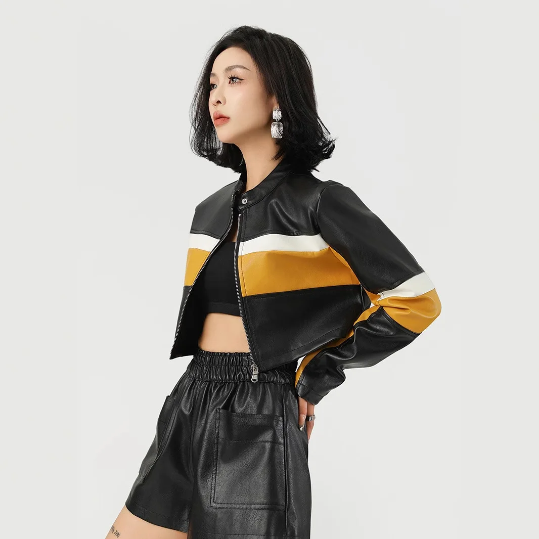 

Сексуальная байкерская куртка из искусственной кожи, женская байкерская куртка с воротником-стойкой, альтернативная цветная блузка, тонкая осенняя мода китайского бренда