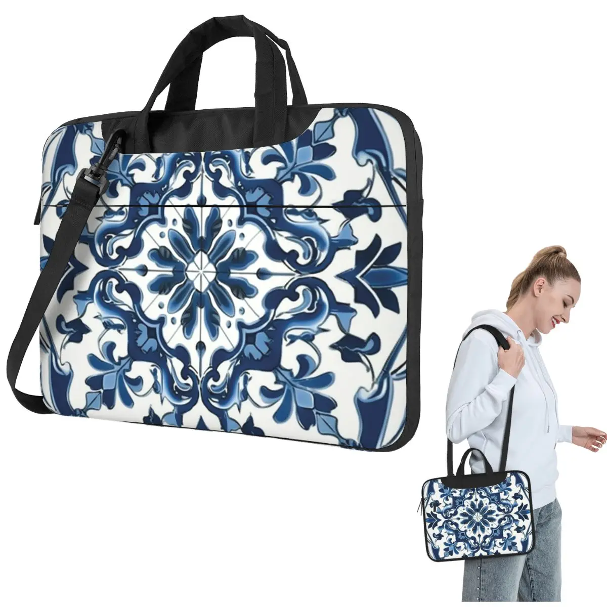 

Сине-белая сумка через плечо с узором Majolica, сумка для ноутбука, сумка для компьютера 13, 14, 15,6 дюймов, чехол для ноутбука Macbook Pro