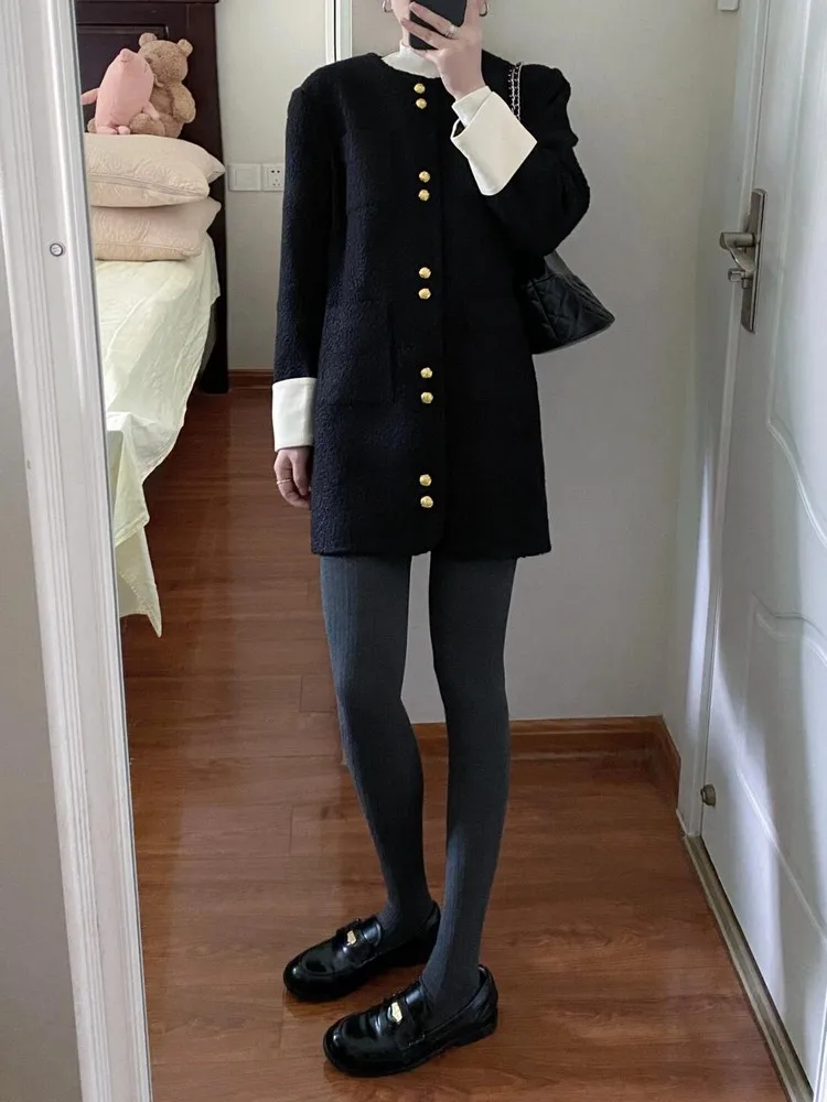 

Thiened Cotton Jaet Women's Mid-Length Bla Fce-Lined Winter Coat Sli Commute Korean Sle Straight Cut Button