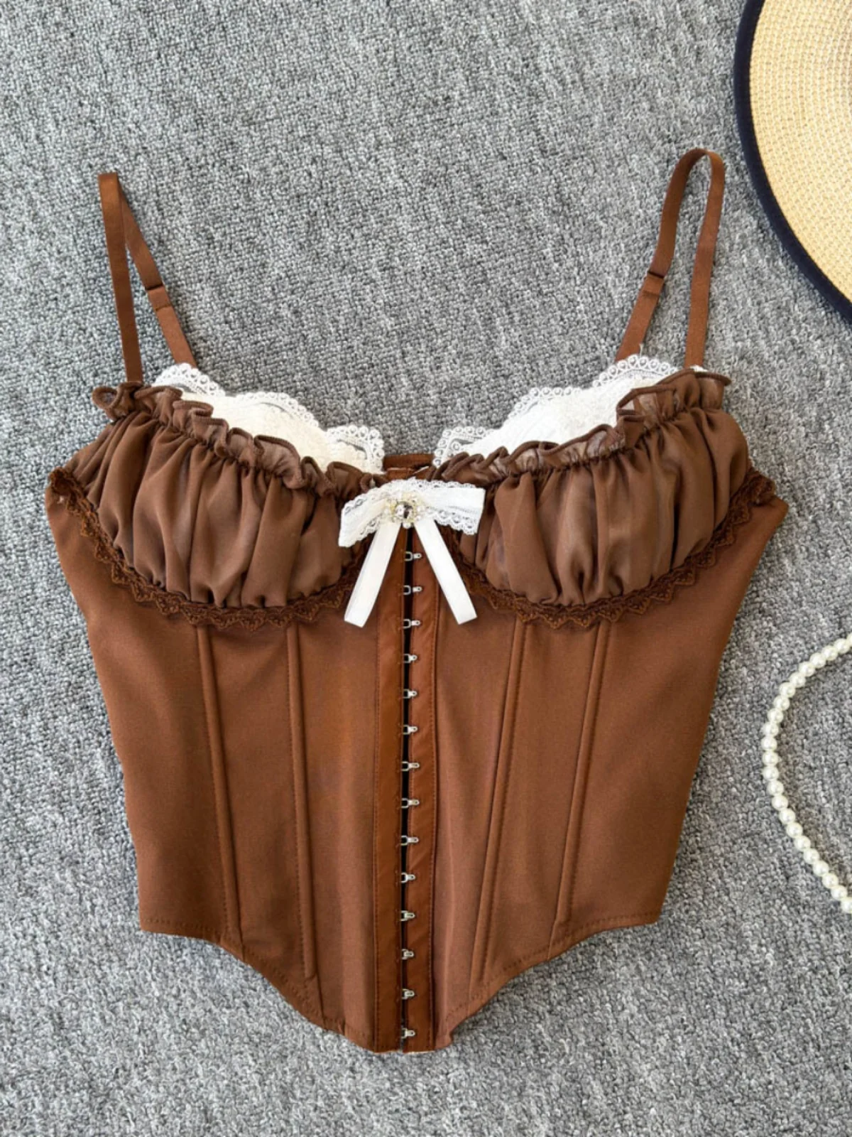 

Clothland Women Stylish Bow Tie Crop Top Spaghetti Straps V Neck Sleeveless Backless Lace Shirt Slim Blouse Mujer WA379