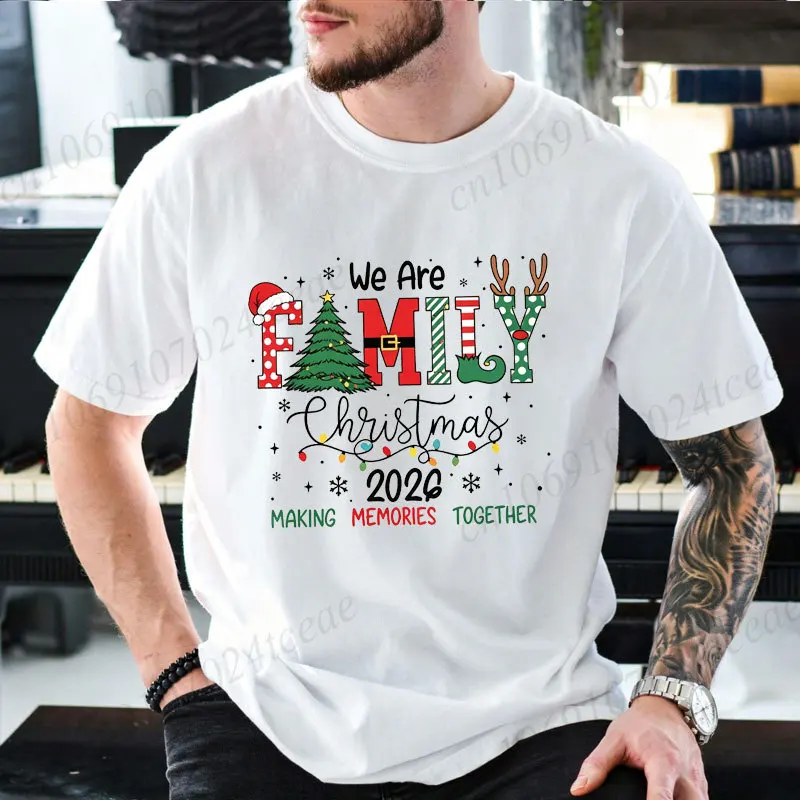 Family Christmas 2026 Matching T-shirt Women Men Casual Tee We Are Family Xmas Tree Print Making Memories Together Holiday Tops
