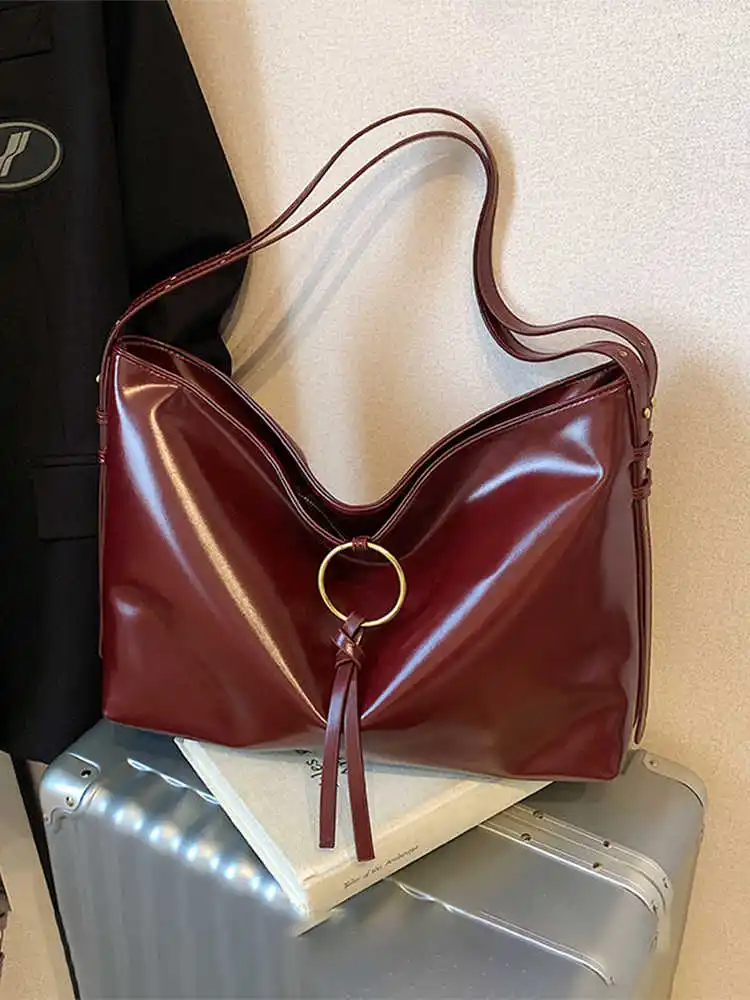 

High-grade Red PU Tote Bags For Women New Large Capacity Versatile Temperament One Shoulder Bags Vintage Elegant Crossbody Bags