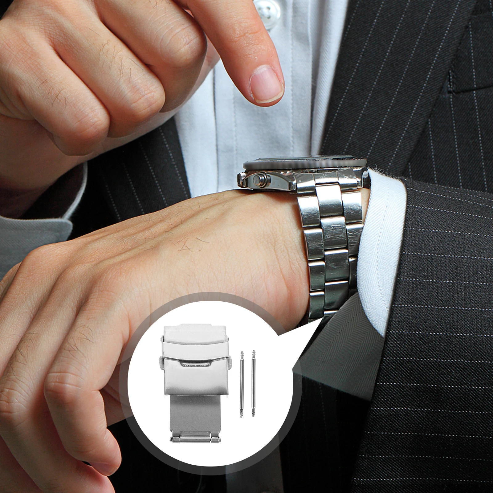 

Double Push Metal Buckle Watch Clasps Stainless Steel Bands Repair Tool Spring Bar Compatible Straps Easy Installation Durable