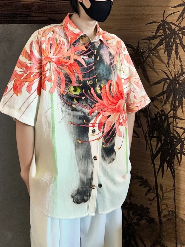 

Vintage Men's Flower Black Cat Japanese Art Print Short Sleeve Shirt Man Plus Size Hawaiian Beach Clothing Summer Retro Blouse