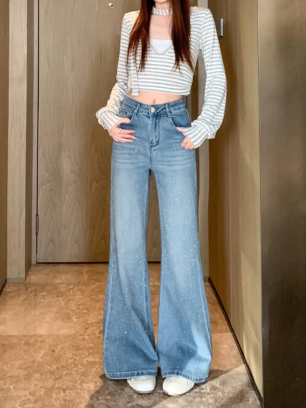 Light Blue High Waist Slim Fit Denim Jeans Women's Spring 2026 New Style Bell Bottoms Non-Matching Leggings with Rhinestones