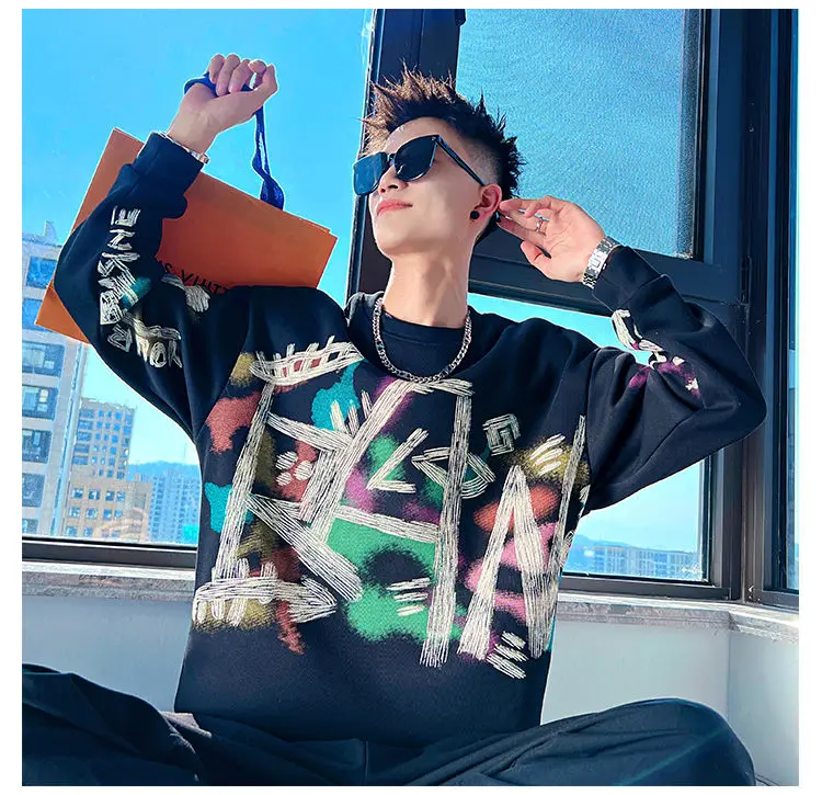 Premium Graffiti Plush Sweater for Men's Autumn and Winter 2024 New Thickened Round Neck Base Shirt Instagram Brand Top